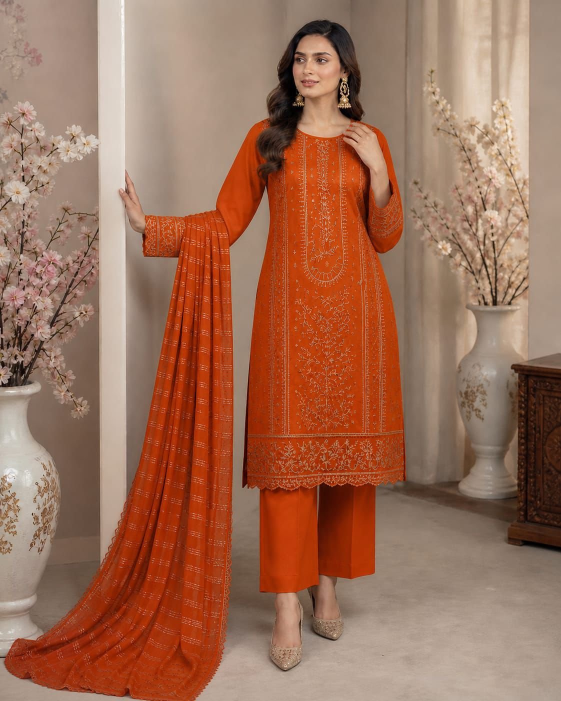 Orange Color | 3-Piece Embroidered Summer Lawn Suite